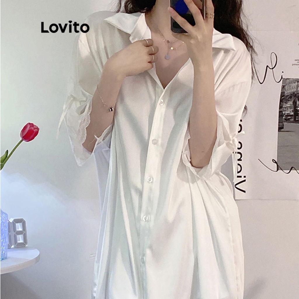 Đầm ngủ Lovito trơn phối ren nơ dáng chữ A ngắn tay cho nữ LNA12021