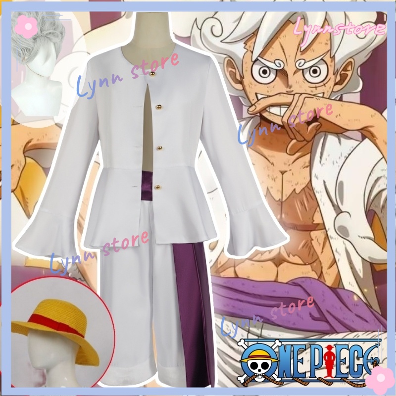Luffy cosplay trang phục anime one piece gear 5 nika outfit người lớn trọn bộ áo sơ mi trắng + quần + tóc giả + bộ mũ rơm
