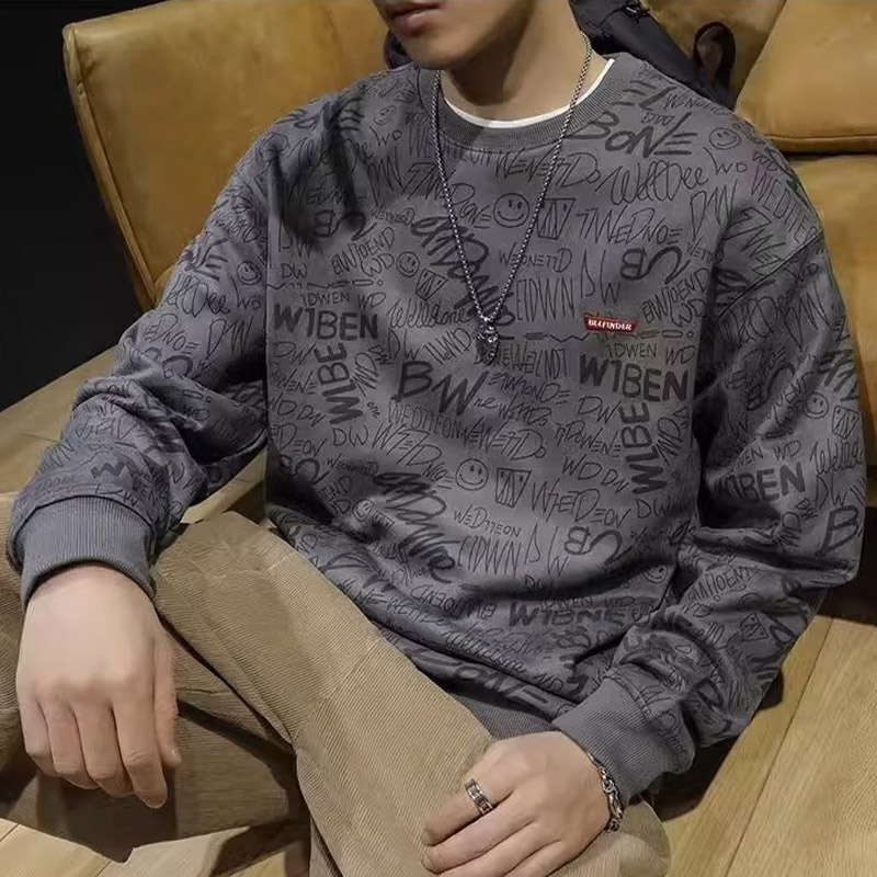 Áo sweatshirt HANLU chất nỉ da lộn dày dặn day tay dáng rộng in chữ cái cho nam