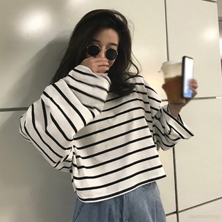Nữ t-shirt dài tay áo sọc cơ sở phong cách giản dị pha trộn hàng đầu bông cổ tròn học sinh áo thun trẻ em