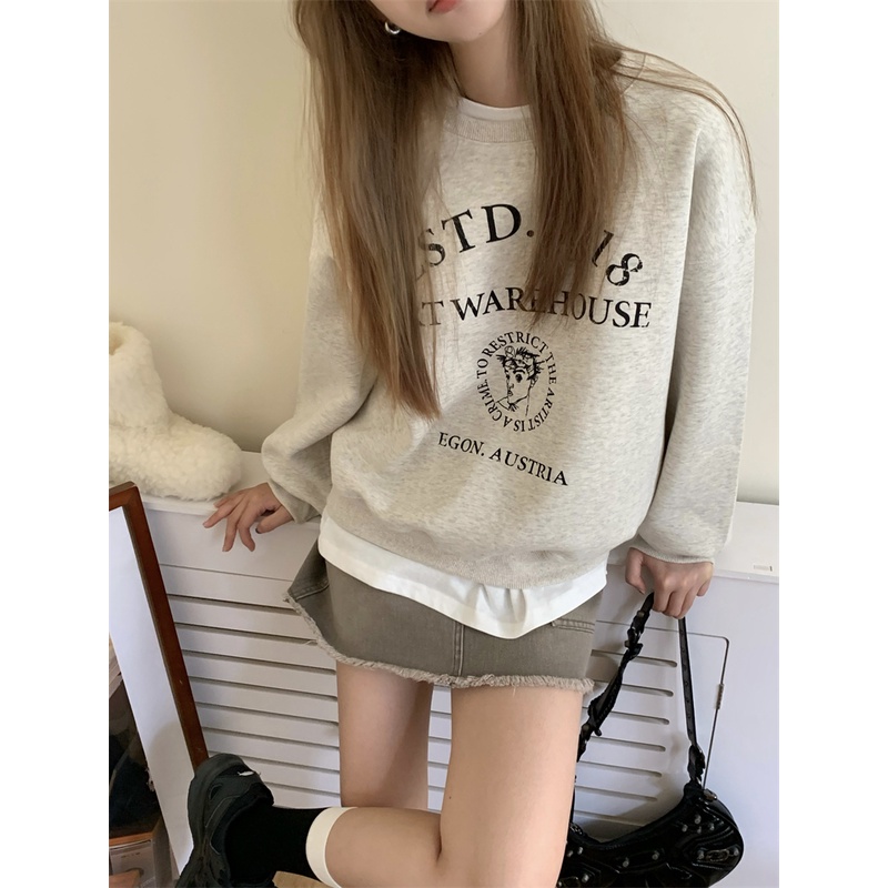 Thin, thickened fleece-lined sweater women's round neck printed MC clothing 5R0P