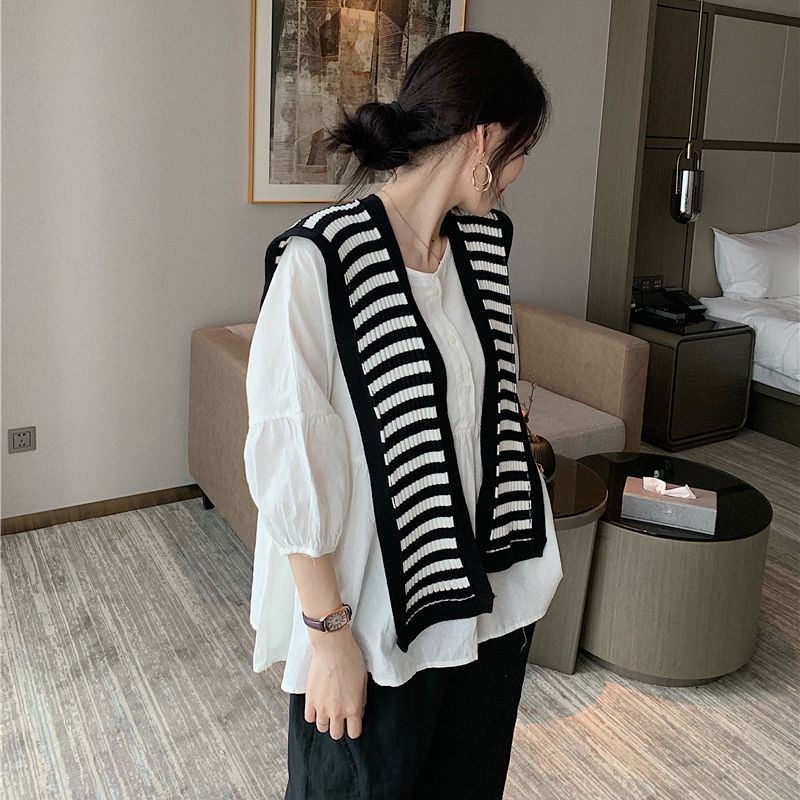 Khăn Choàng cotton Dệt Kim Kẻ Sọc Trắng Đen Nhỏ Dễ Phối Đồ Thời Trang Mùa Xuân Cho Nữ