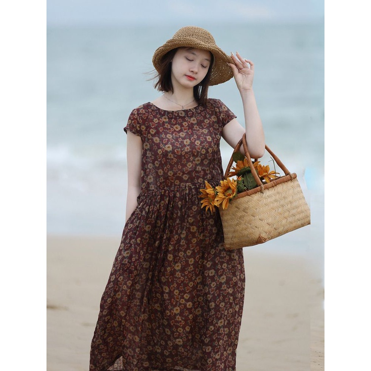 Ice cotton linen export italian high-end cotton linen floral dress nữ du lịch mùa hè văn học giản dị váy mỏng a-line mid-length