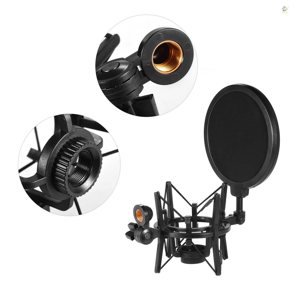 3elife univerdal plastic condenser microphone mic shock mount holder bracket anti-vibration with pop filter for on-line broadcasting studio music recording