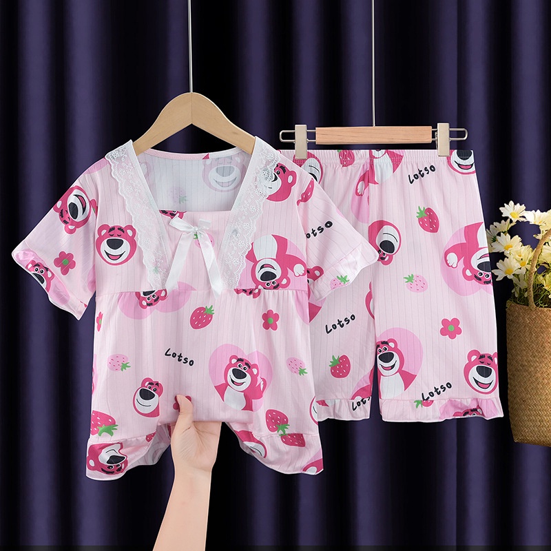 Gấu Dâu  Bộ Đồ Ngủ Ngắn Tay Họa Tiết Hoạt Hình Thời Trang Mùa Hè Cho Bé Gái