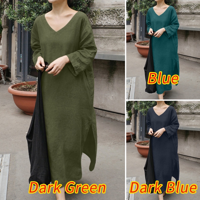 Zanzea Đầm Nữ Dài Tay Cổ Chữ V Xẻ Tà Quyến Rũ