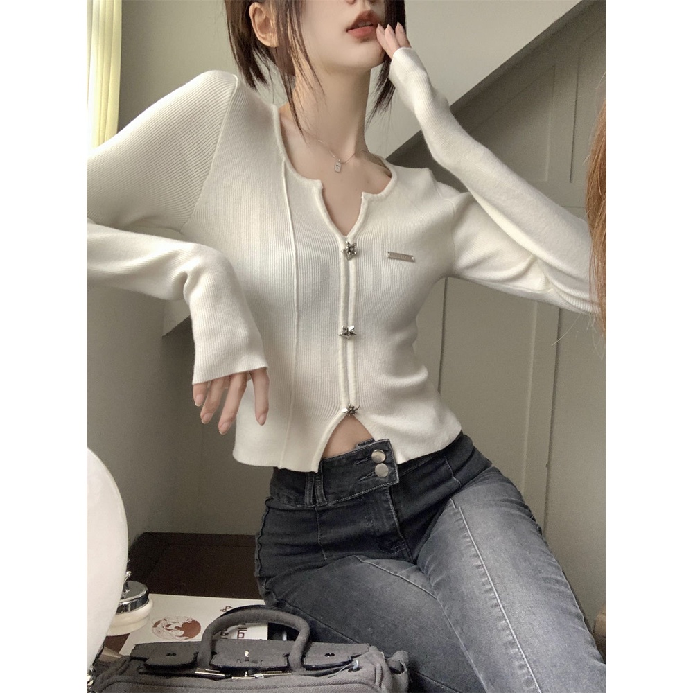 Áo Thun Dệt Kim Tay Dài Cổ Chữ V Dáng Ôm Phong Cách Hàn Quốc Dành Cho Nữ