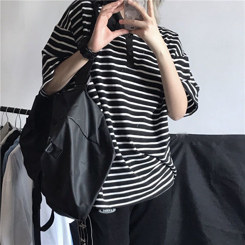 Áo polo Tay Ngắn Dáng Rộng Họa Tiết Kẻ Sọc Thời Trang Mùa Hè Phong Cách Hàn Quốc Mới Cho Nữ