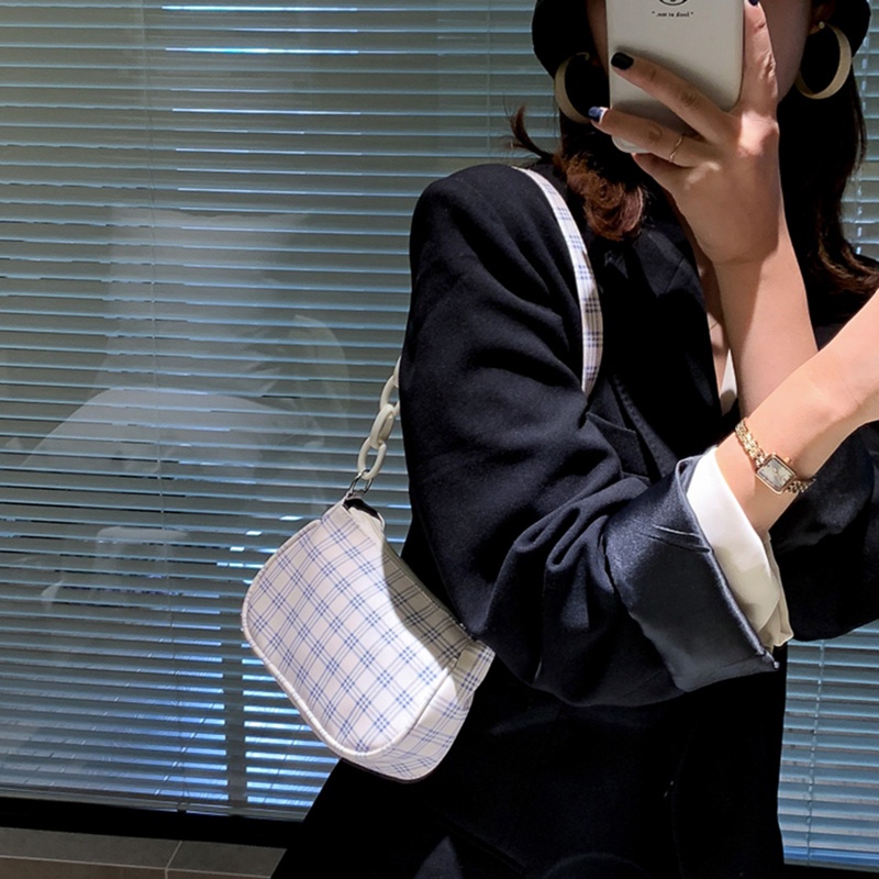 Fancy Túi Xách Đeo Vai Mini Họa Tiết Kẻ Sọc Phối Dây Xích Có Khóa Kéo Phong Cách Retro Dành Cho Nữ