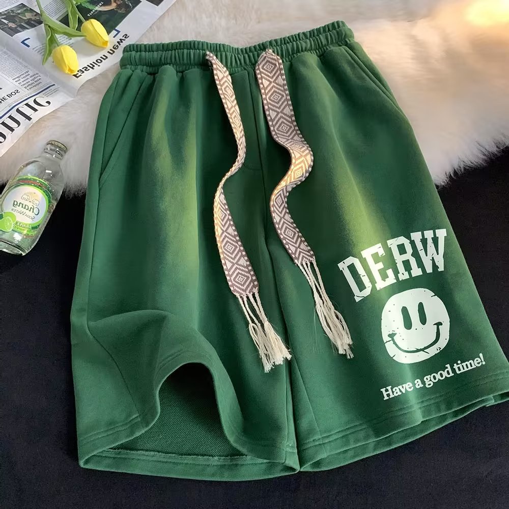 Quần Short Thể Thao Cotton Lưng Cao Dáng Rộng Phối Dây Rút Hình Mặt Cười Phong Cách Đường Phố Mỹ Chất Lượng Cao Mùa Hè Cho Nam Và Nữ