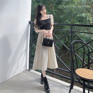 Đầm ZHUXIA ngắn tay cổ vuông giả hai lớp thời trang Pháp 2023 dành cho nữ