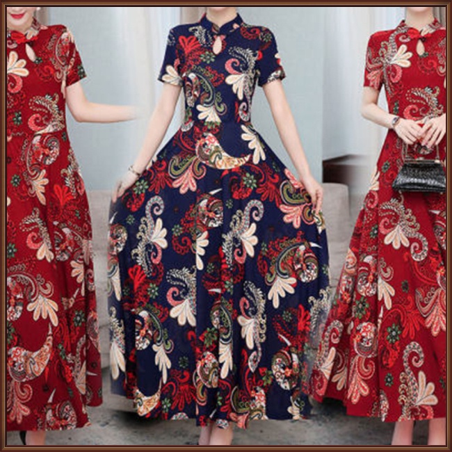 Đầm Xòe Dài Tay Ngắn Cổ Đứng In Họa Tiết Cổ Điển Dành Cho Nữ