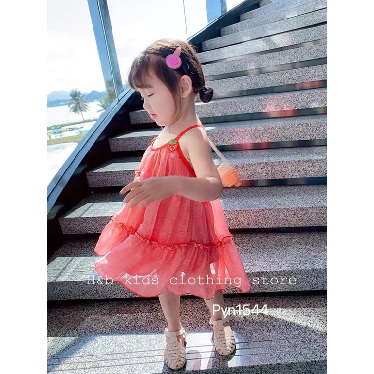 Đầm Hai Dây Mùa Hè Cho Bé Gái Đính Hình Quả Dâu, Chất voan Lụa Tơ Mềm Mịn Mát 8-20kg