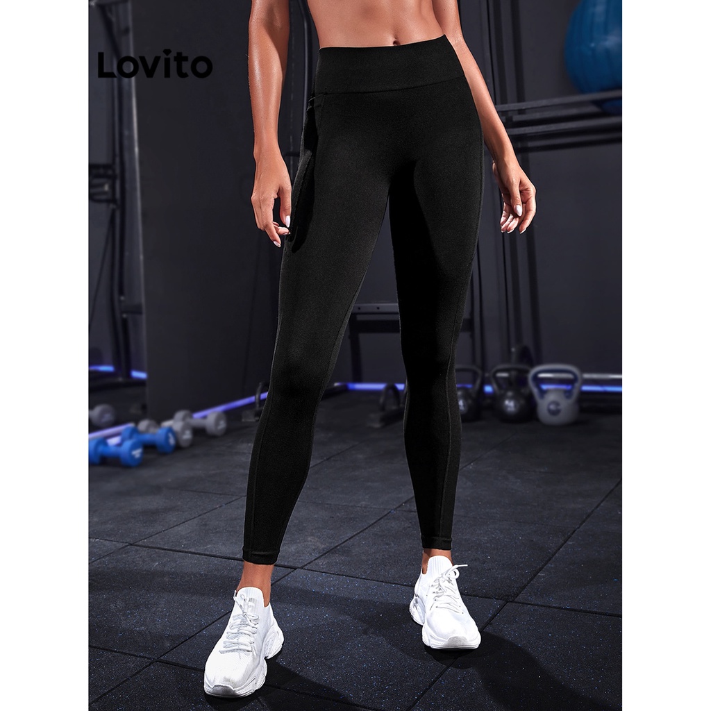 Lovito Quần legging thể thao tập yoga có túi đơn giản có độ đàn hồi cao nâng mông giữa eo cho nữ L48AD041 (Đen)