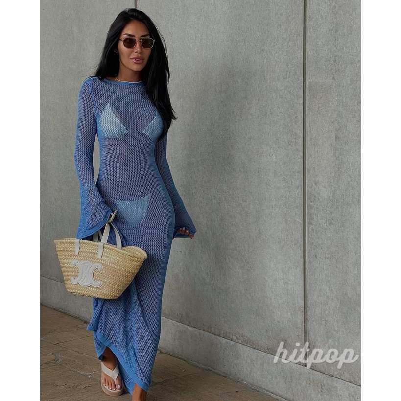 Áo Dệt Kim Tay Dài Cổ Tròn Màu Trơn Thời Trang Đi Biển Mùa Hè Cho Nữ