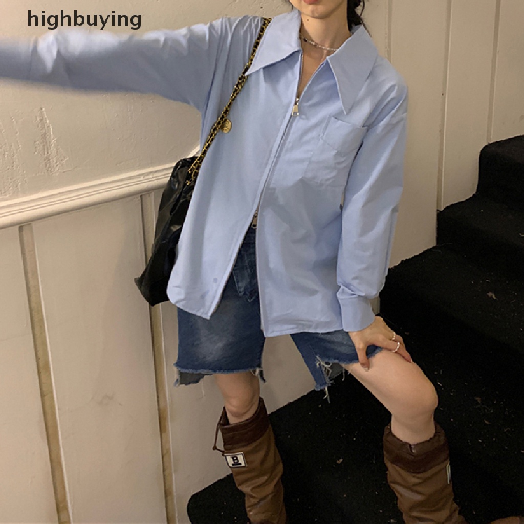 Áo Sơ Mi Tay Dài Có Khóa Kéo Phong Cách Đường Phố Hàn Quốc