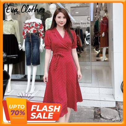 Váy cổ Vest dáng xòe họa tiết chấm bi thiết kế xẻ trước thắt nơ eo phù hợp đi làm đi chơi
