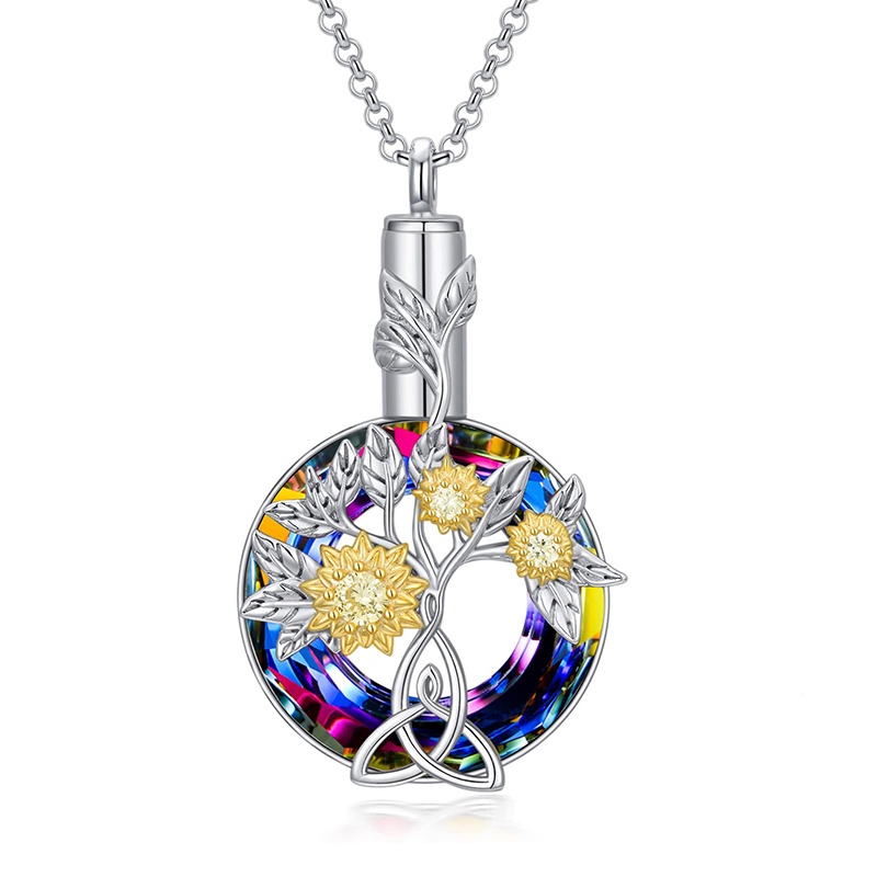 Fancy Vòng cổ Bạc Sterling Mặt Hoa Hướng Dương Đính Đá Núi Lửa Urn