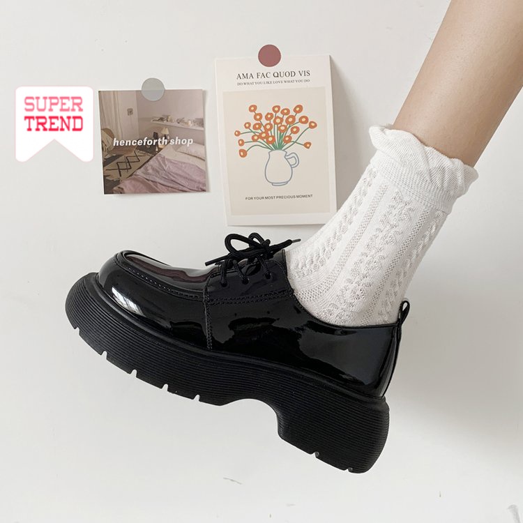 Giày Da Mũi Tròn Cột Dây Màu Trơn Đơn Giản Thoải Mái Hợp Thời Trang