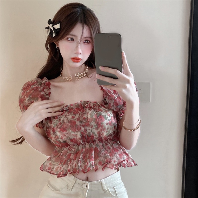 IELGY Áo chiffon Trễ Vai Tay Phồng In Họa Tiết Hoa Ngọt Ngào Thời Trang Cho Nữ