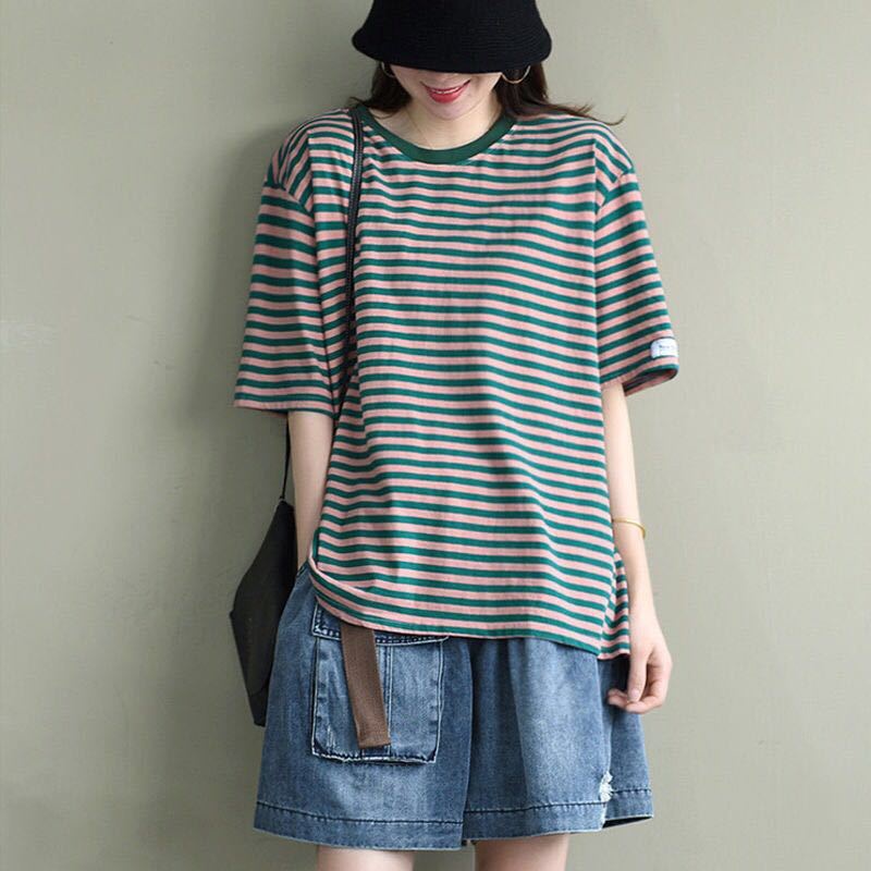 Áo Thun Tay Ngắn Dáng Rộng Họa Tiết Kẻ Sọc Thời Trang Mùa Hè Hàng Mới 2023 Có Size Lớn Đến 100Kg Dành Cho Bạn Nữ