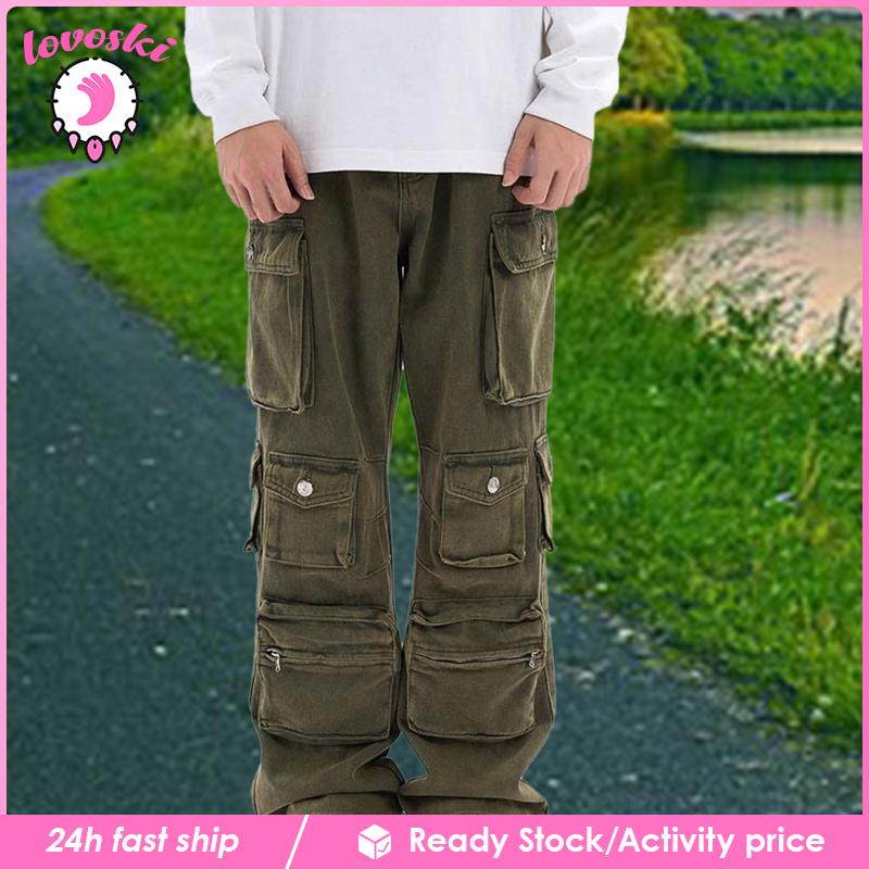 Quần Dài Ống Rộng Lưng Cao Có Túi Thời Trang Unisex