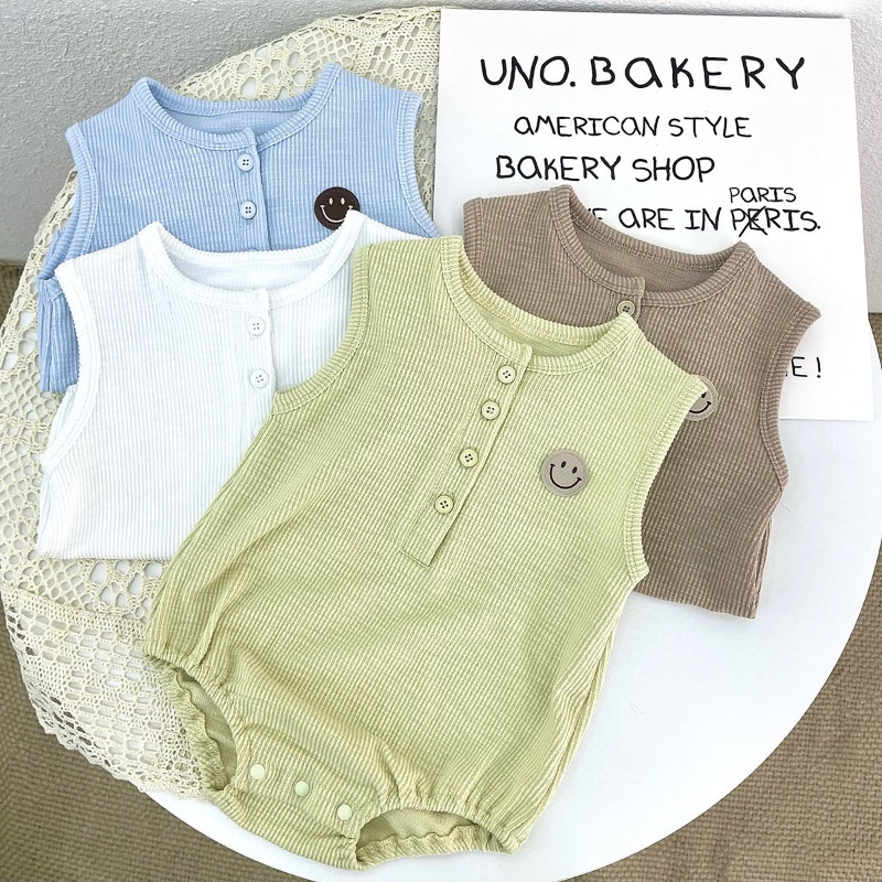 Áo Liền Quần Bằng Cotton Lanh Không Tay Màu Trơn Họa Tiết Kẻ Sọc Dành Cho Bé Trai Gái 0-2 Tuổi