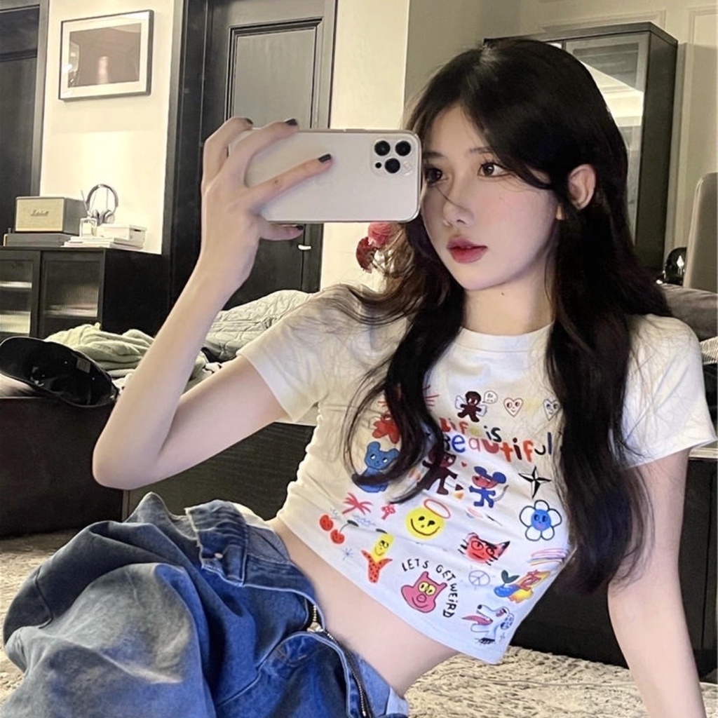 Áo croptop tay ngắn cổ tròn PINKSTORE29 in hình nhiều icon thú vị A5670