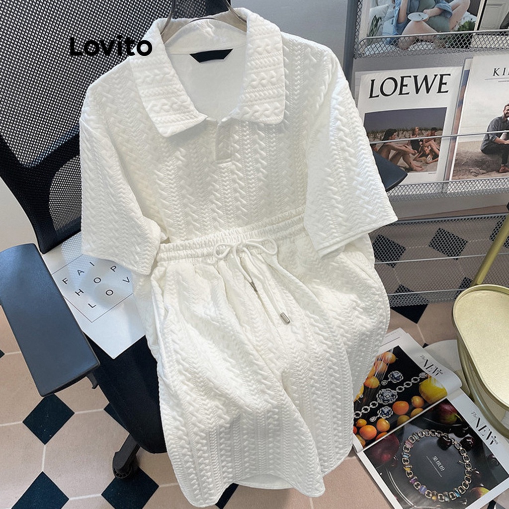 Set quần short Lovito vải có kết cấu phối dây rút màu trơn phong cách thường ngày cho nữ LNE05019 (màu trắng)