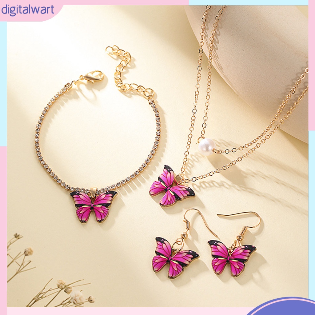 Set 3 Vòng cổ / Vòng Tay / Khuyên Tai Mạ Điện Hình Bướm Đính Ngọc Trai Nhân Tạo Thời Trang