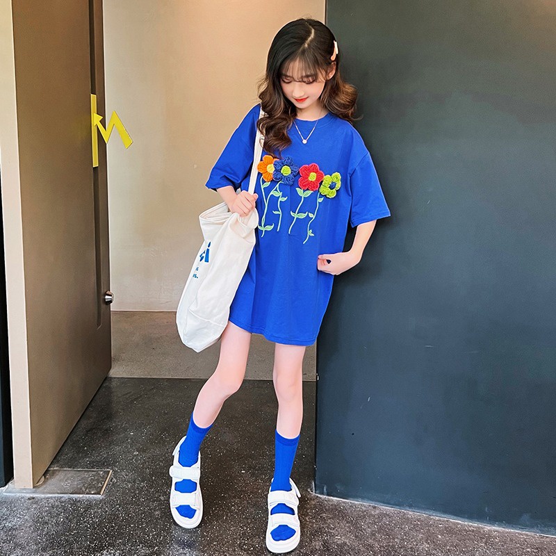 Đầm Thun Len Tay Ngắn In Hoa Thời Trang Mùa Hè Xinh Xắn Cho Bé Gái