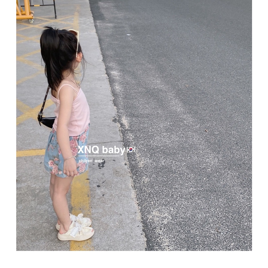Aiyaya đồ bộ cho bé gái Vest hồng + Chân váy denim họa tiết hoa hồng bộ 2 mảnh thời trang mùa hè 2-8 tuổi