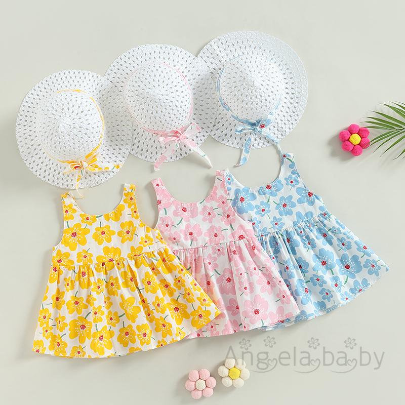 Đầm Chữ A Sát Nách In Họa Tiết Hoa Gắn Nơ Kèm Nón Chống Nắng Thời Trang Mùa Hè Cho Bé Gái