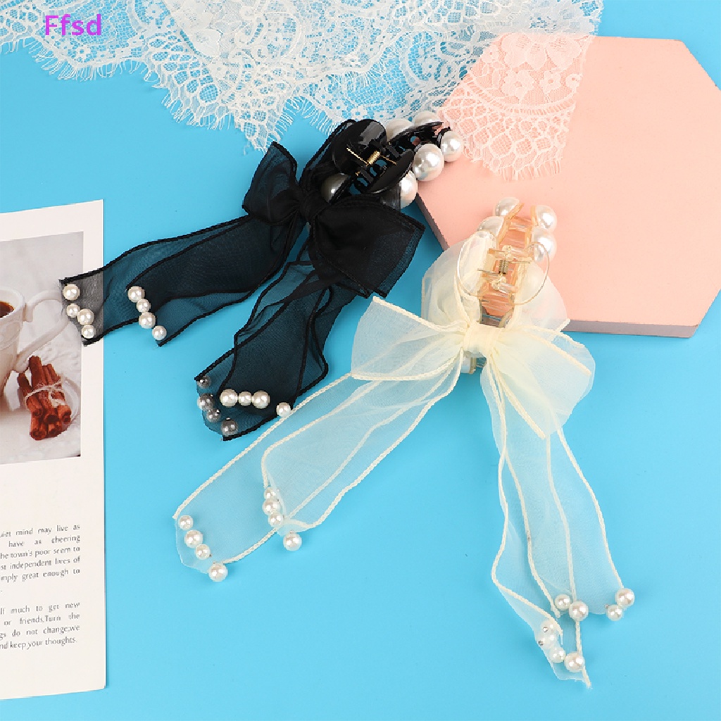 {Ffsd} Kẹp Tóc Hình Nơ Lớn Đính Ngọc Trai Đơn Giản Thanh Lịch Thời Trang Gân Đen * Bán Chạy