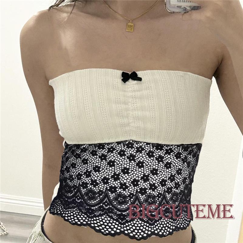Áo Croptop Trễ Vai Phối Ren Co Giãn Phong Cách Đường Phố Thời Trang Mùa Hè Cho Nữ