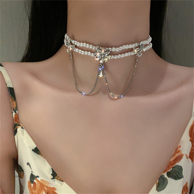 Vòng Cổ Choker Đính Hạt Giả Ngọc Trai Và Nơ Sang Trọng