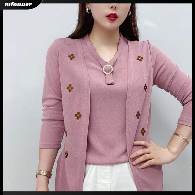 Áo Sweater Giả Hai Lớp Dáng Rộng Tay Dài In Hình Cây Cối Màu Trơn Thời Trang Cho Nữ