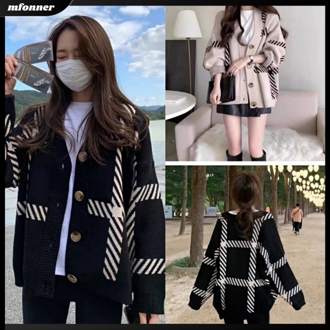 Áo Khoác Cardigan Dệt Kim Tay Dài Dáng Rộng Cổ Chữ V Họa Tiết Kẻ Sọc Thời Trang Mùa Đông Cho Nữ