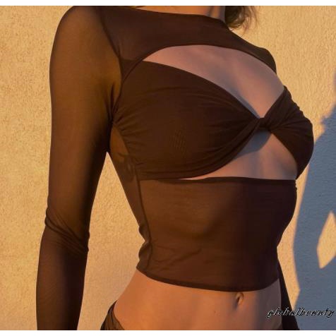 Áo Thun Dài Tay Màu Trơn Phối Lưới Thời Trang Cho Nữ