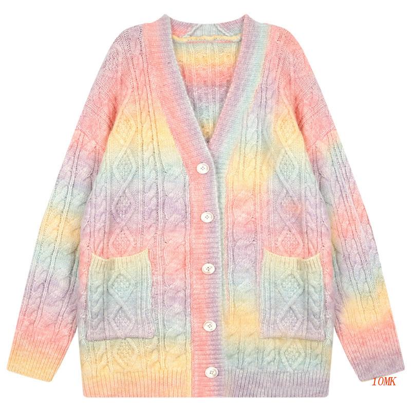 Xiangbao Áo Khoác Cardigan Dệt Kim Dài Đến Đầu Gối Dáng Rộng Cài Nút Màu Cầu Vồng Phía Trước Cho Nữ