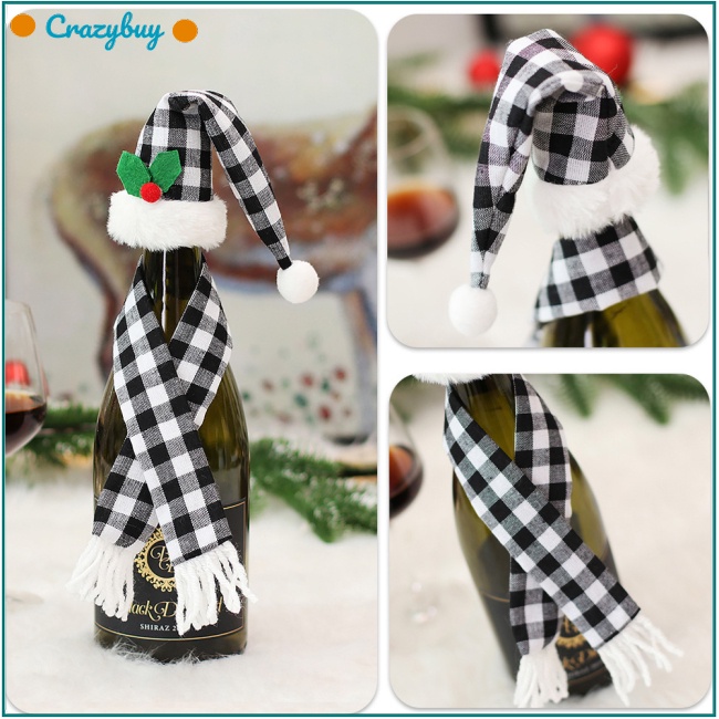Cr Set Áo Bọc Chai Rượu Phối Khăn Choàng / Nón Họa Tiết Caro Phong Cách Giáng Sinh Độc Đáo