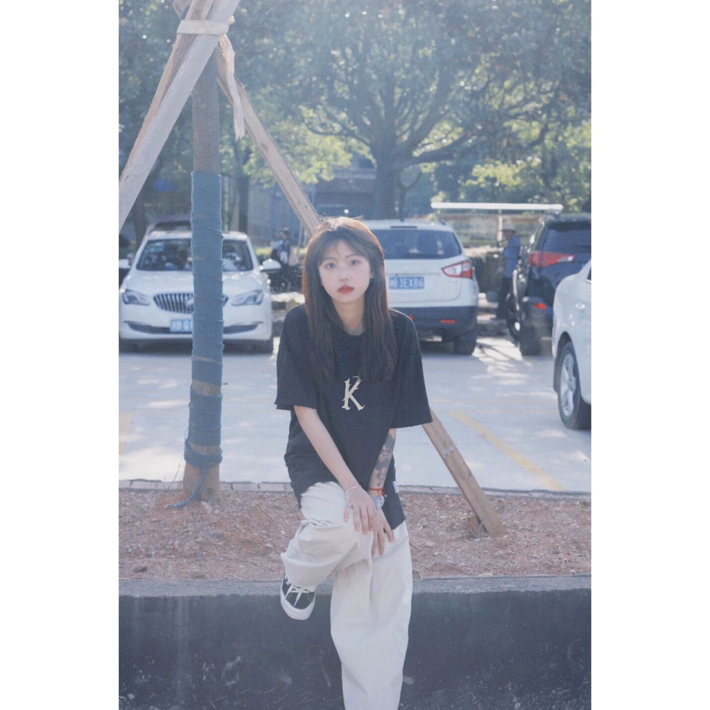 Áo Thun 100% cotton Màu Đen Dáng Rộng In Họa Tiết Xinh Xắn Thời Trang Mùa Hè Cho Nữ 5050