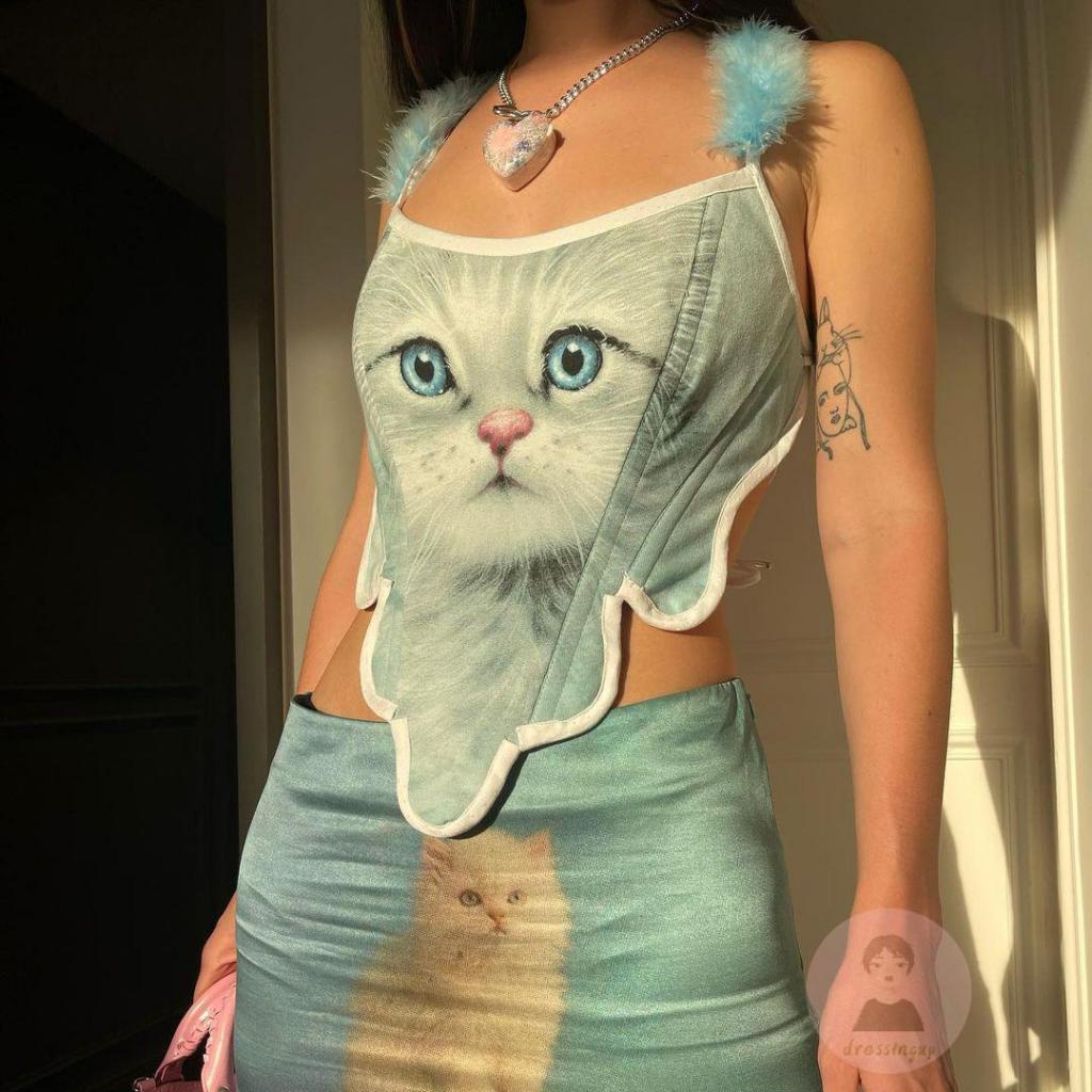 Áo Hai Dây In Hình Mèo Hở Lưng Quyến Rũ Dành Cho Nữ