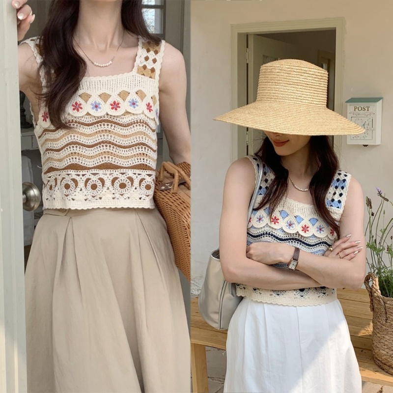 Áo Croptop Dệt Kim Sát Nách Kẻ Sọc Phối Tua Rua Thời Trang Đi Biển Cho Nữ
