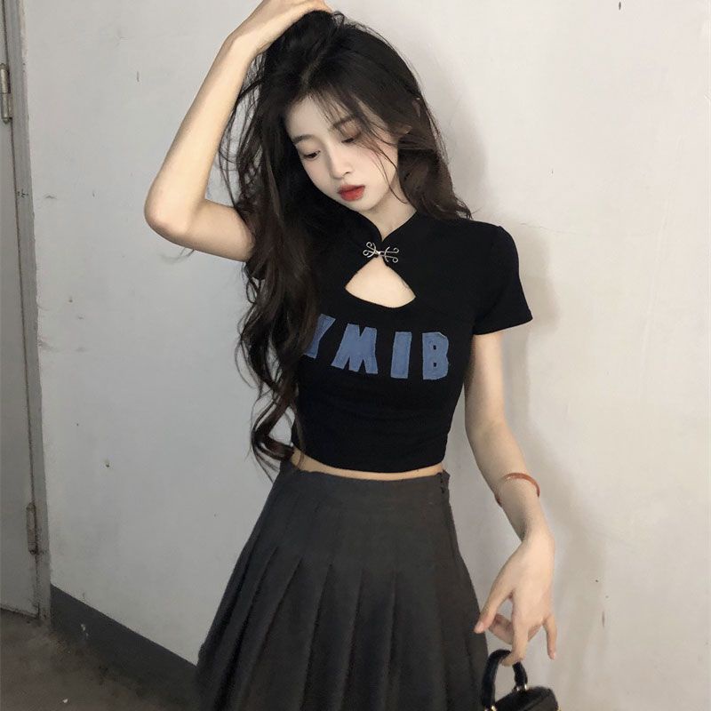 Áo Thun Ngắn Tay Lưng Cao Dáng Ôm Thời Trang Retro Trung Hoa Cho Nữ