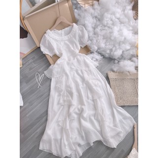Đầm midi trắng cổ vuông chân bèo voan