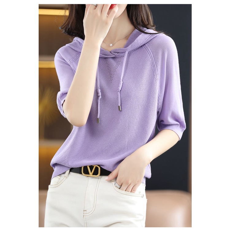 Áo Thun Tay Lửng Có Mũ Trùm Đầu Bằng Lụa Lạnh Màu Trơn Thời Trang Mới N539 Dành Cho Bạn Nữ