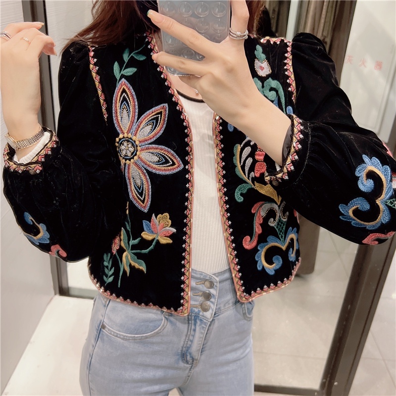 Zara Áo Khoác Nhung Thêu Hoa Phong Cách vintage Thời Trang 06895277800