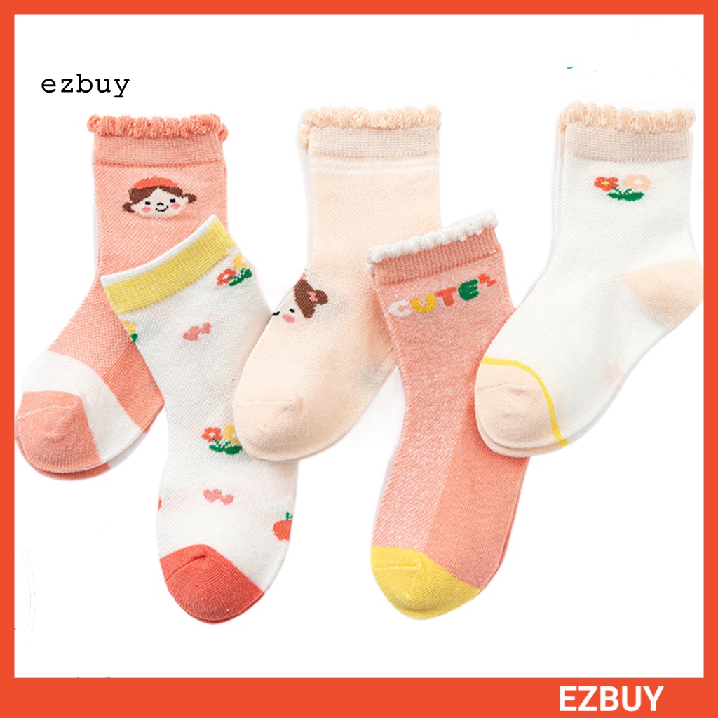 [EY] Set 5 Đôi Tất Lưới Mỏng Thoáng Khí Chống Mài Mòn In Họa Tiết Hoạt Hình Ngang Mắt Cá Chân Cho Bé Gái Trong Nhà