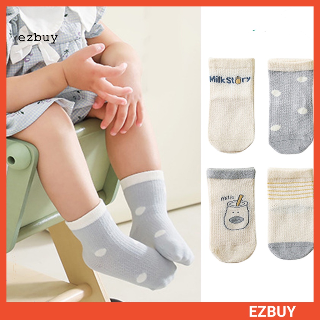 Set 4 Đôi Vớ Phối Lưới In Chữ Hoạt Hình Chống Trượt Thoáng Khí Dành Cho Bé